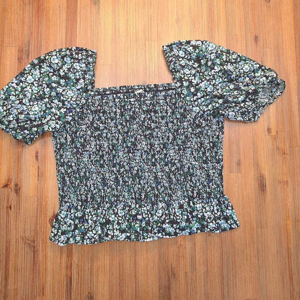 J Crew Women's Puff Sleeve Smocked Blouse Top Size L Black / Green Floral